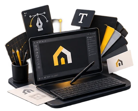 Isometric illustration in yellow, grey and black: a drawing tablet and stylus showing a logo mark, surrounded by colour swatches, a type specimen card, pencils and printed business cards