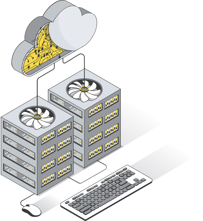 Isometric illustration in yellow, grey and black: two stacked server racks with cooling fans, wired to a cloud above and a keyboard and mouse below, with a cast shadow on a dark ground
