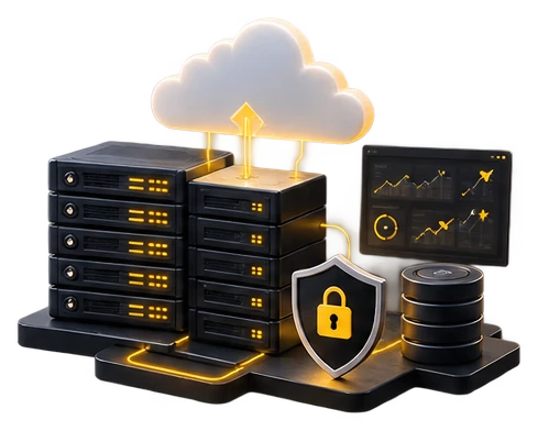 Isometric illustration in yellow, grey and black: a stack of server racks wired to a cloud above, beside a padlocked shield, an analytics panel and a stack of database discs