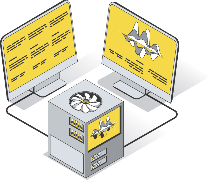 Isometric illustration in yellow, grey and black: two desktop monitors angled toward each other above a server tower, screens showing a website layout and the Magichouse logo mark, with a cast shadow on a dark ground