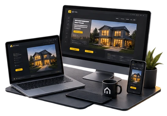 Isometric illustration in yellow, grey and black: a laptop, a desktop monitor and a phone on a dark plinth, all showing the same website, with a mug and a plant beside them